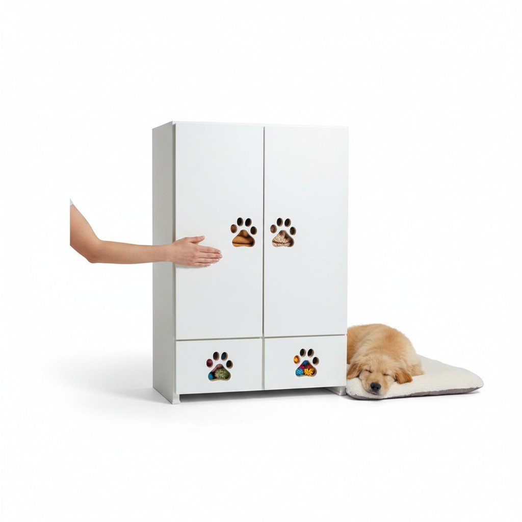 Roupeiro pet com cachorro ao lado